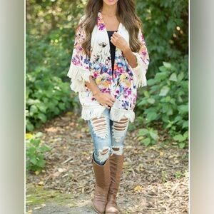 Umgee Cream Colorful Floral Fringe Kimono Women’s sz S